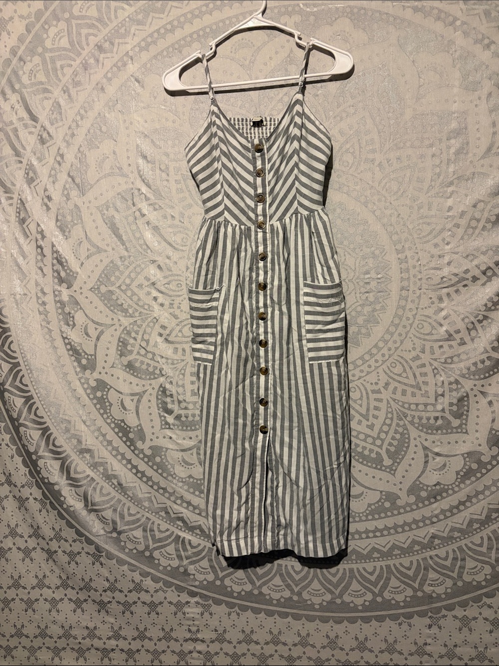 American Eagle Striped Button-Down Midi Sundress Gray White Medium Boho